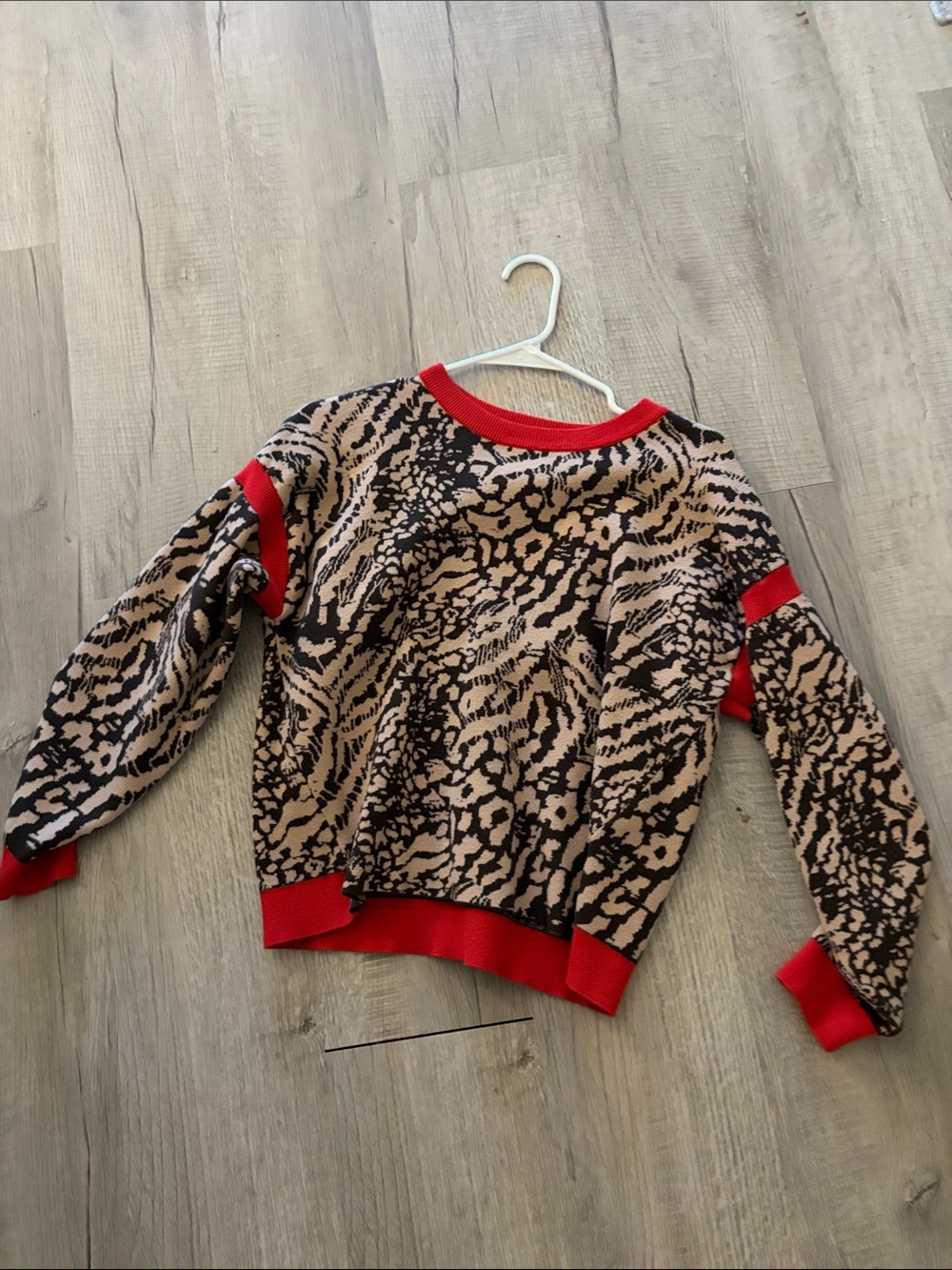 Fate Beige and Black Animal-Print Sweater with Red Trim